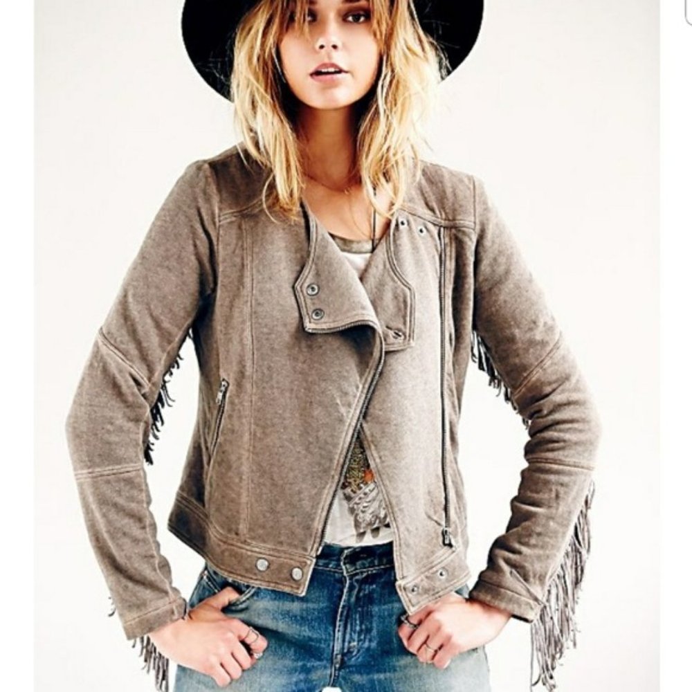 Free People Taupe Fringe Varsity Jacket